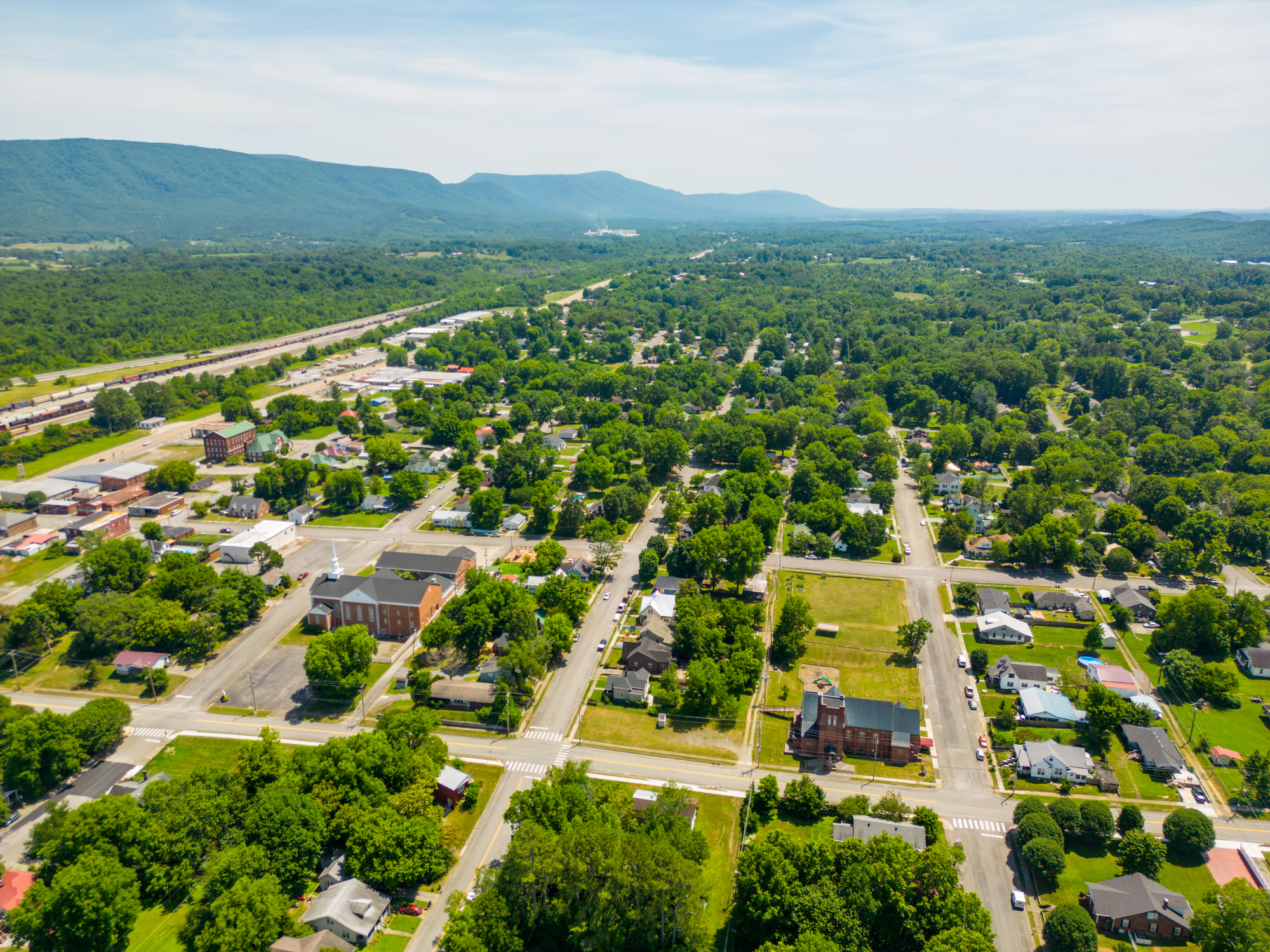 Arial photo of rural Tennessee town.