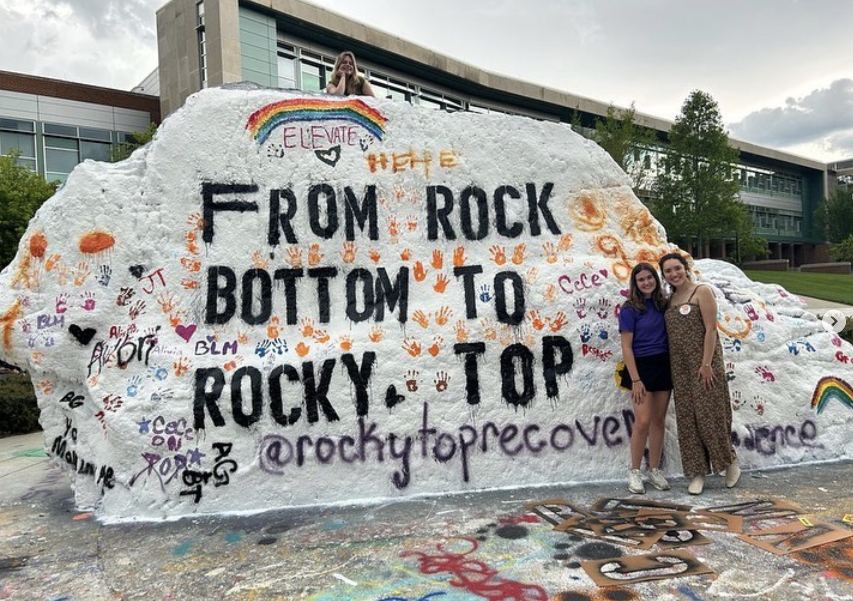 The Rock at the University of Tennessee with wording Rock Bottom To Rocky Top painted on.